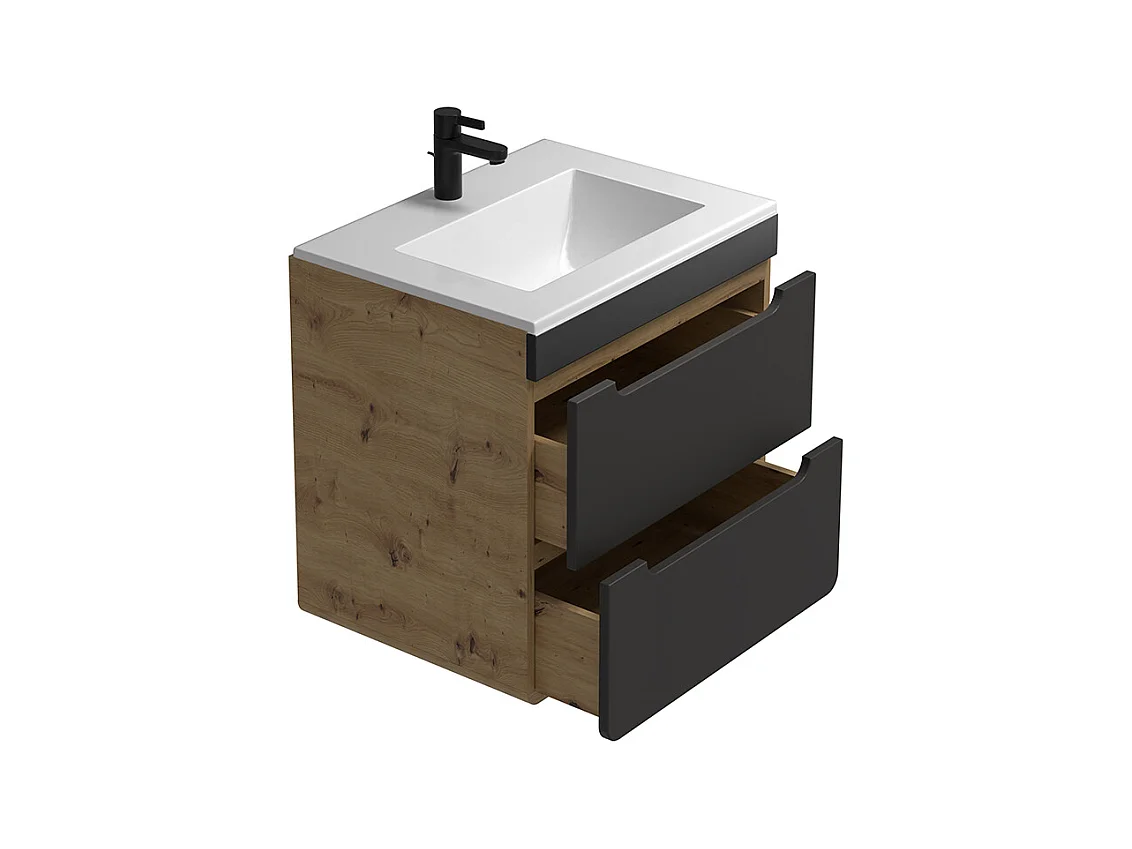 Meuble de salle de bain suspendu avec vasque à encastrer - Coloris naturel et anthracite - 60 cm - ARUBA