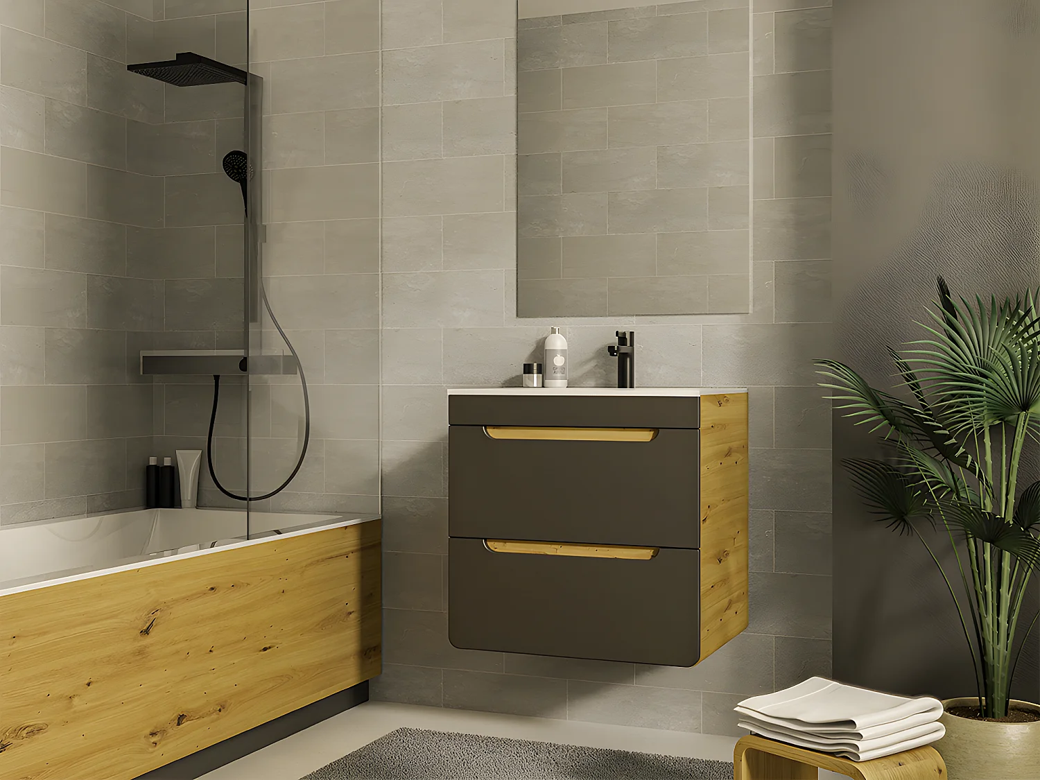 Mueble de baño suspendido con lavabo encastrable - Color natural y antracita - 60 cm - ARUBA