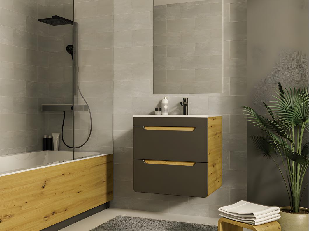 Meuble de salle de bain suspendu avec vasque à encastrer - Coloris naturel et anthracite - 60 cm - ARUBA