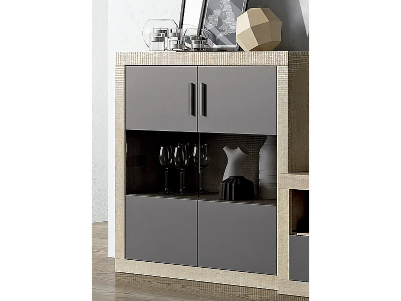 Buffet, meuble de rangement 2 portes coloris chêne cambrian, graphite - Longueur 110 x profondeur 34,60 x hauteur 110 cm