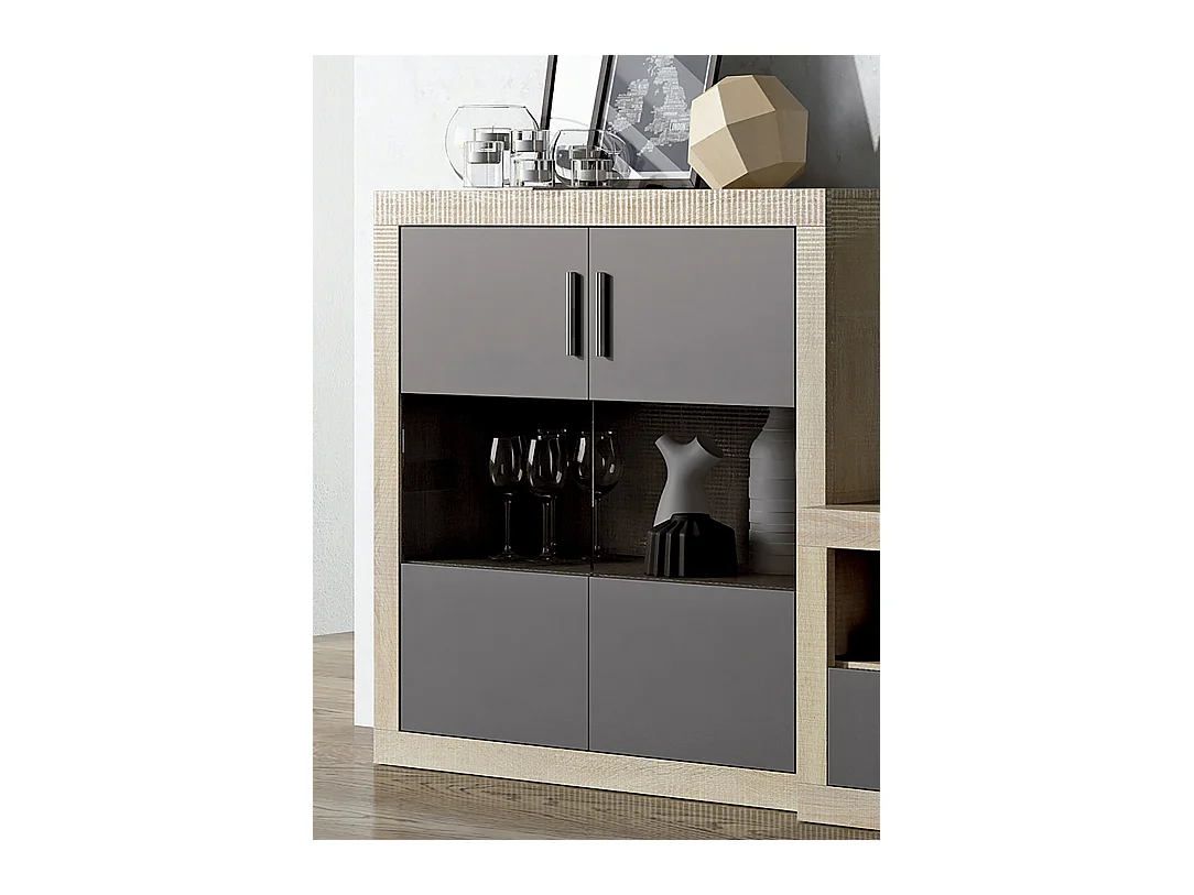 Buffet, meuble de rangement 2 portes coloris chêne cambrian, graphite - Longueur 110 x profondeur 34,60 x hauteur 110 cm