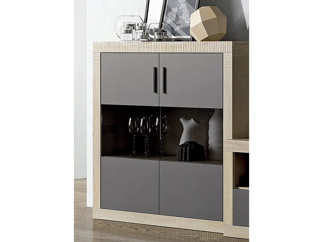 Buffet, meuble de rangement 2 portes coloris chêne cambrian, graphite - Longueur 110 x profondeur 34,60 x hauteur 110 cm