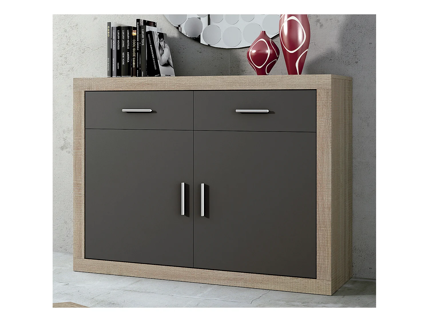 Buffet, meuble de rangement coloris chêne cambrian, graphite - Longueur 120 x profondeur 41,4 x hauteur 90,2 cm