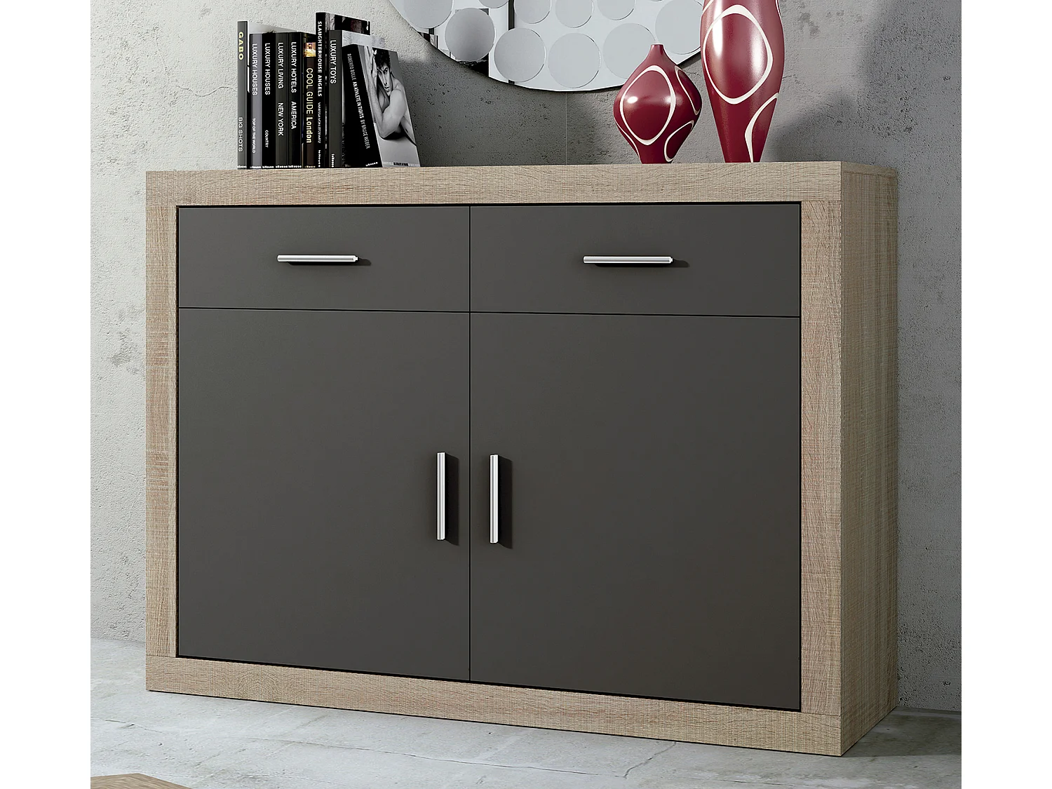 Buffet, meuble de rangement coloris chêne cambrian, graphite - Longueur 120 x profondeur 41,4 x hauteur 90,2 cm