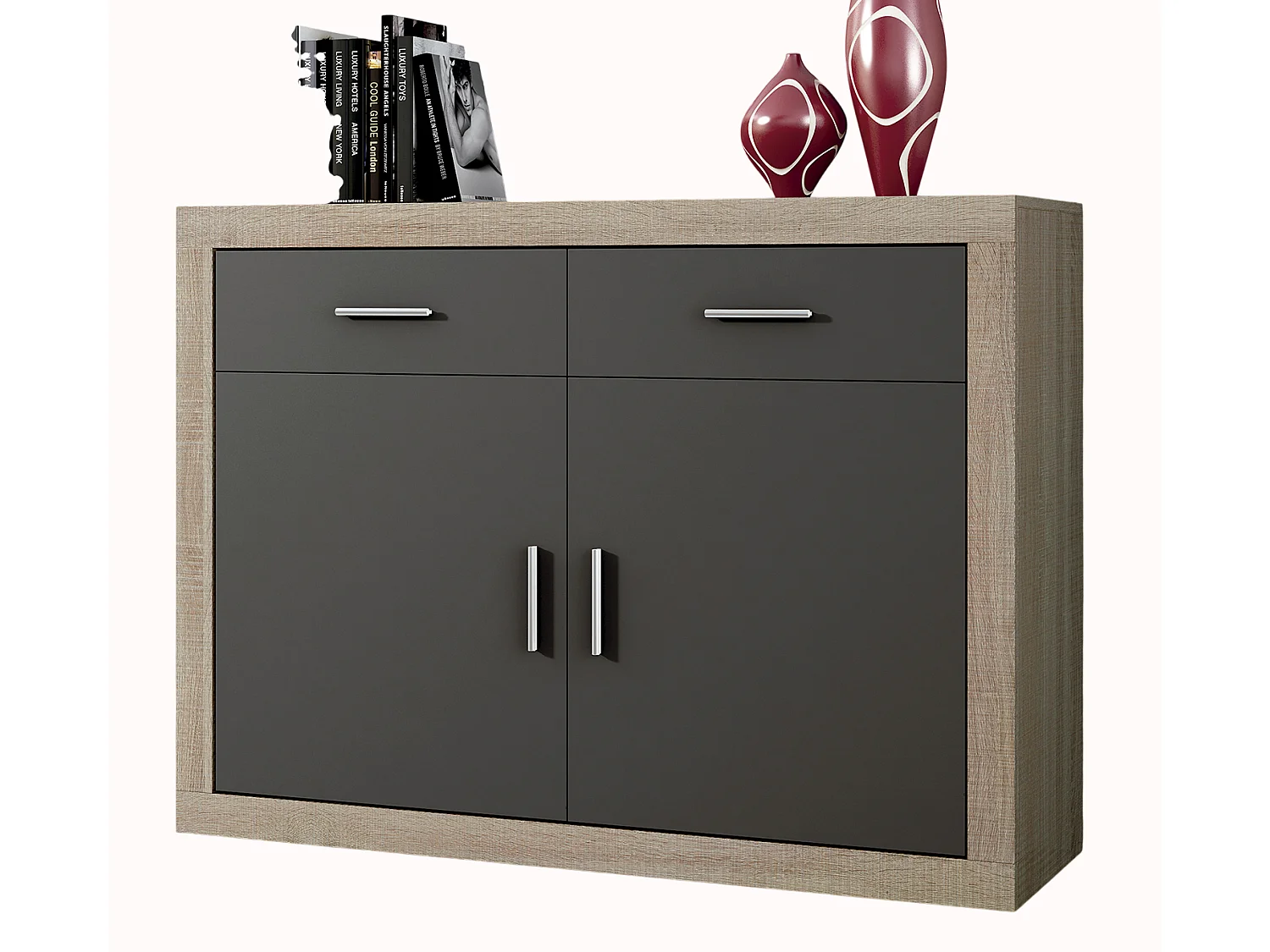 Buffet, meuble de rangement coloris chêne cambrian, graphite - Longueur 120 x profondeur 41,4 x hauteur 90,2 cm