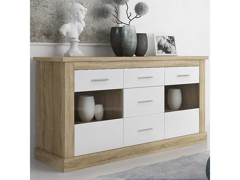 Buffet, Meuble de rangement coloris Chêne cambrian, blanc - Longueur 170 x Profondeur 49 x Hauteur 88 cm