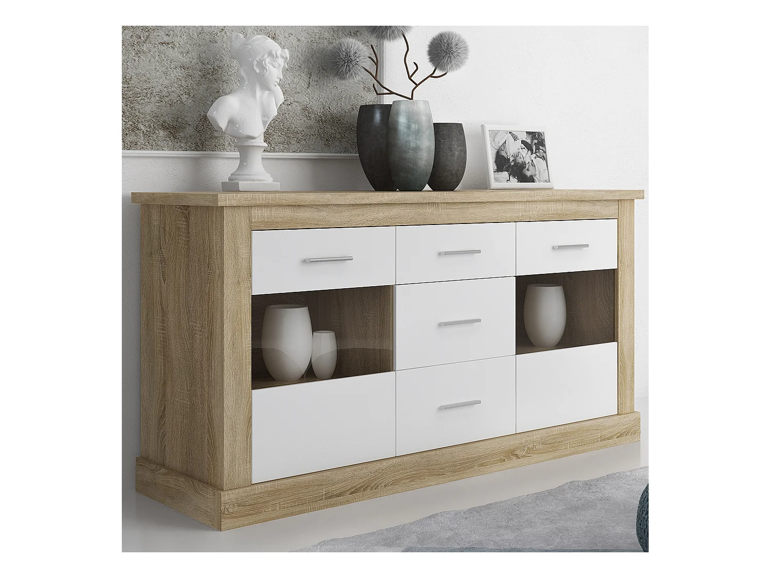 Buffet, Meuble de rangement coloris Chêne cambrian, blanc - Longueur 170 x Profondeur 49 x Hauteur 88 cm