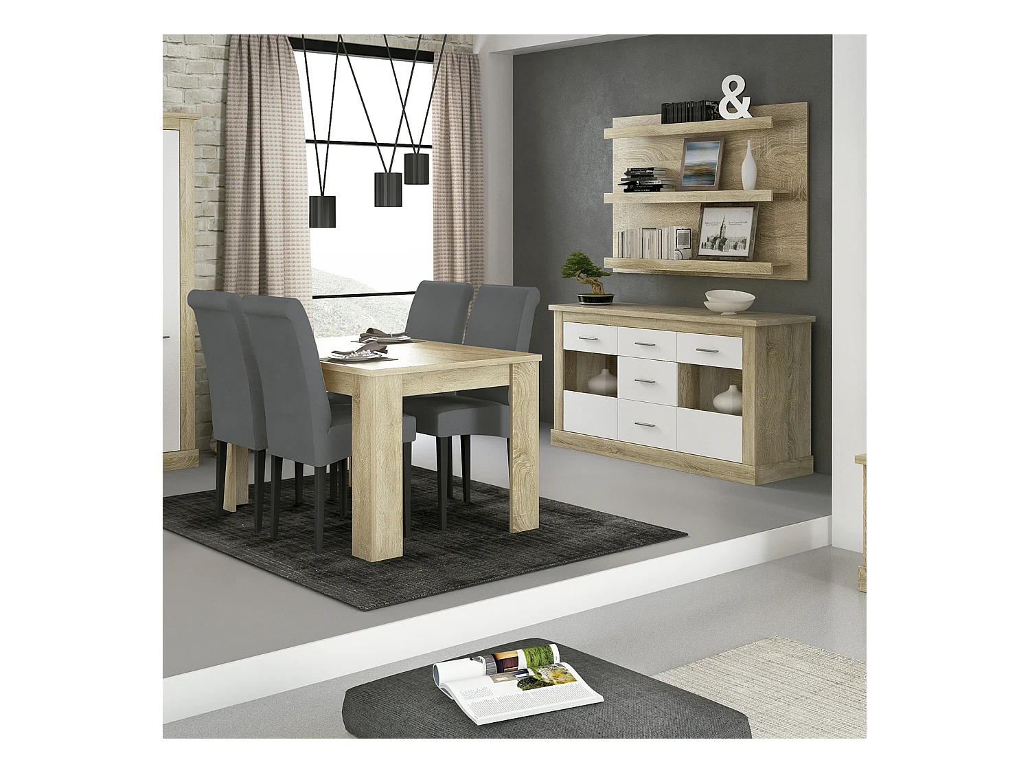 Buffet, Meuble de rangement coloris Chêne cambrian, blanc - Longueur 170 x Profondeur 49 x Hauteur 88 cm