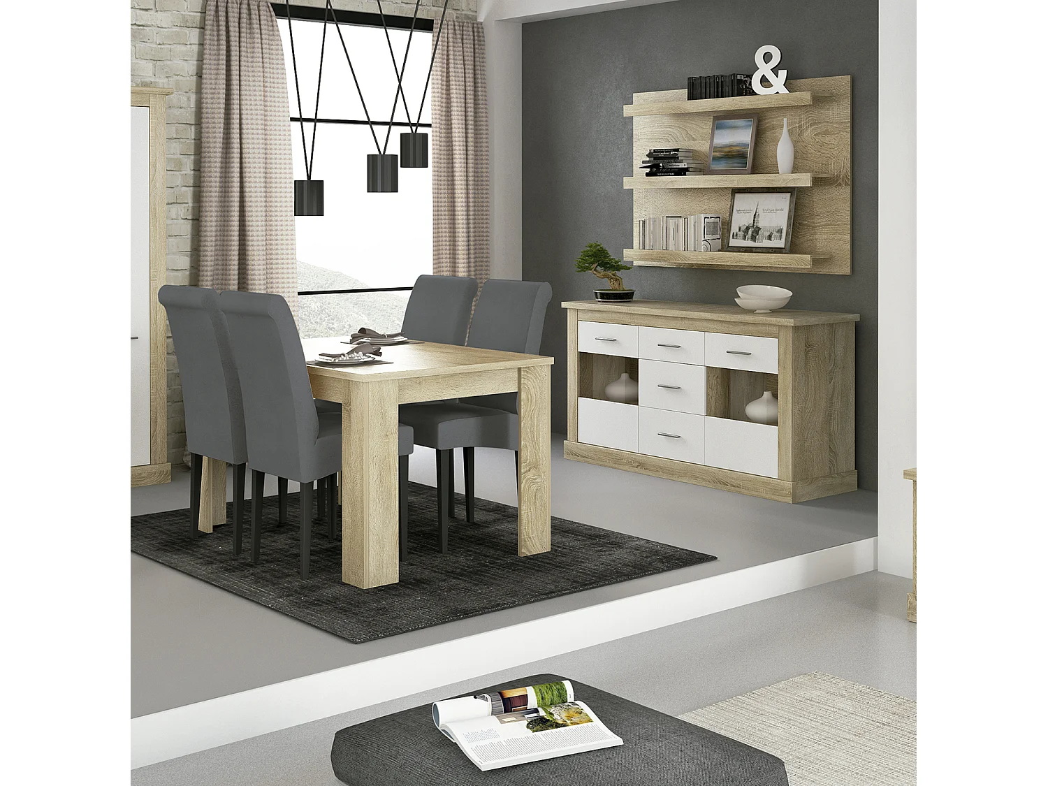 Buffet, Meuble de rangement coloris Chêne cambrian, blanc - Longueur 170 x Profondeur 49 x Hauteur 88 cm