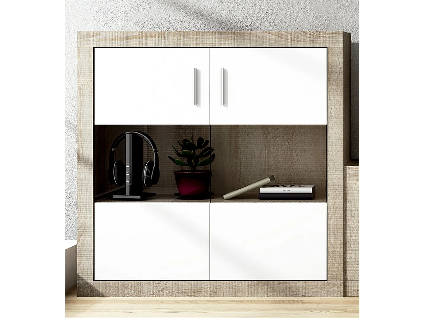 Buffet, meuble de rangement 2 portes coloris chêne cambrian, blanc - Longueur 110 x profondeur 34,60 x hauteur 110 cm