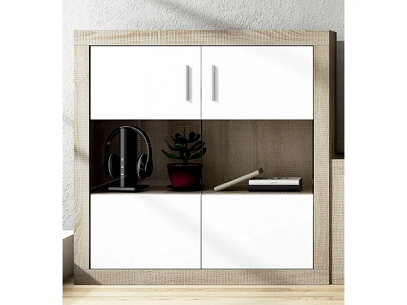 Buffet, meuble de rangement 2 portes coloris chêne cambrian, blanc - Longueur 110 x profondeur 34,60 x hauteur 110 cm