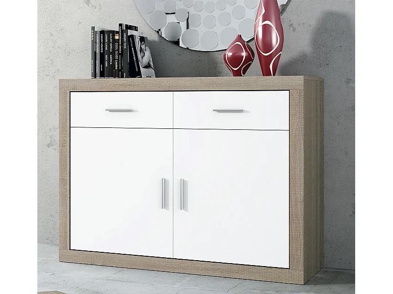 Buffet, meuble de rangement coloris chêne cambrian, blanc - Longueur 120 x profondeur 41,4 x hauteur 90,2 cm