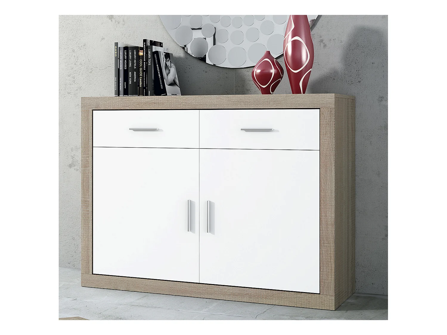 Buffet, meuble de rangement coloris chêne cambrian, blanc - Longueur 120 x profondeur 41,4 x hauteur 90,2 cm
