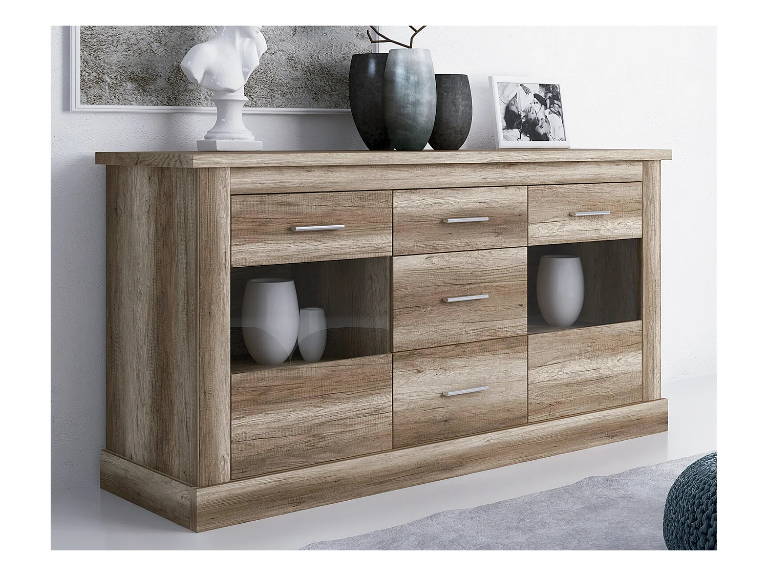 Buffet, Meuble de rangement coloris Chêne vieilli - Longueur 170 x Profondeur 49 x Hauteur 88 cm