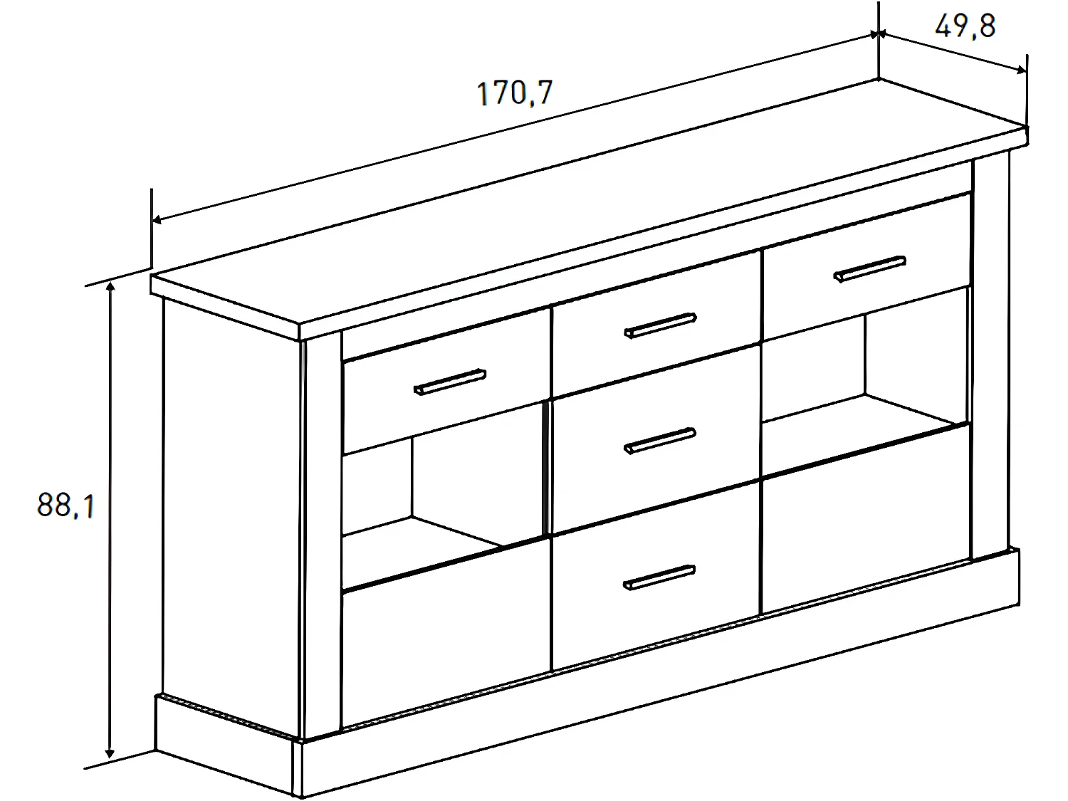 Buffet, Meuble de rangement coloris Chêne vieilli - Longueur 170 x Profondeur 49 x Hauteur 88 cm
