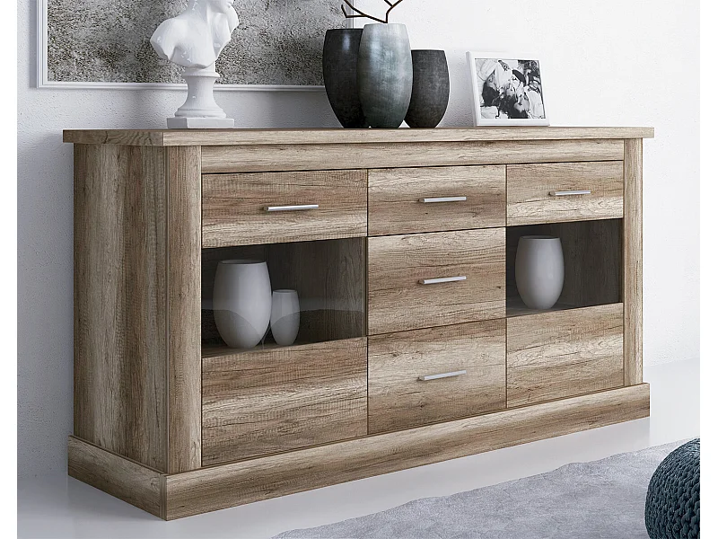 Buffet, Meuble de rangement coloris Chêne vieilli - Longueur 170 x Profondeur 49 x Hauteur 88 cm