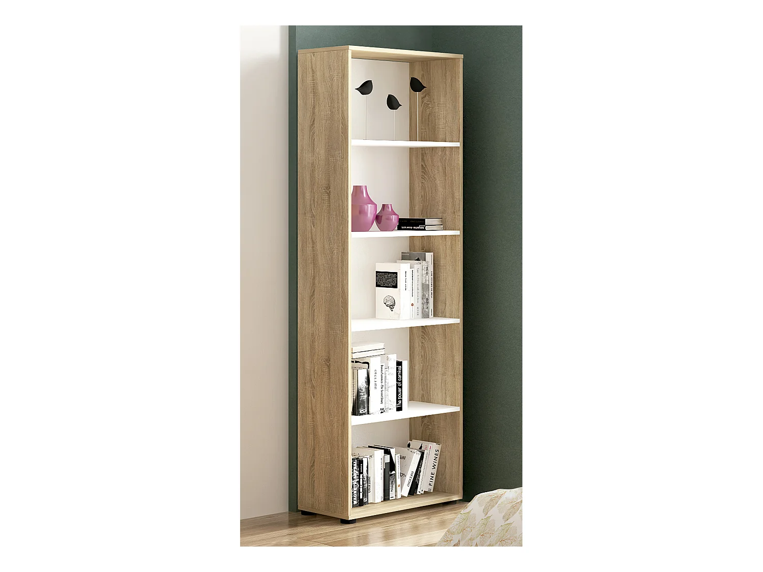 Etagère coloris Chêne cambrian/blanc - Longueur 60 x profondeur 29,4 x hauteur 182 cm