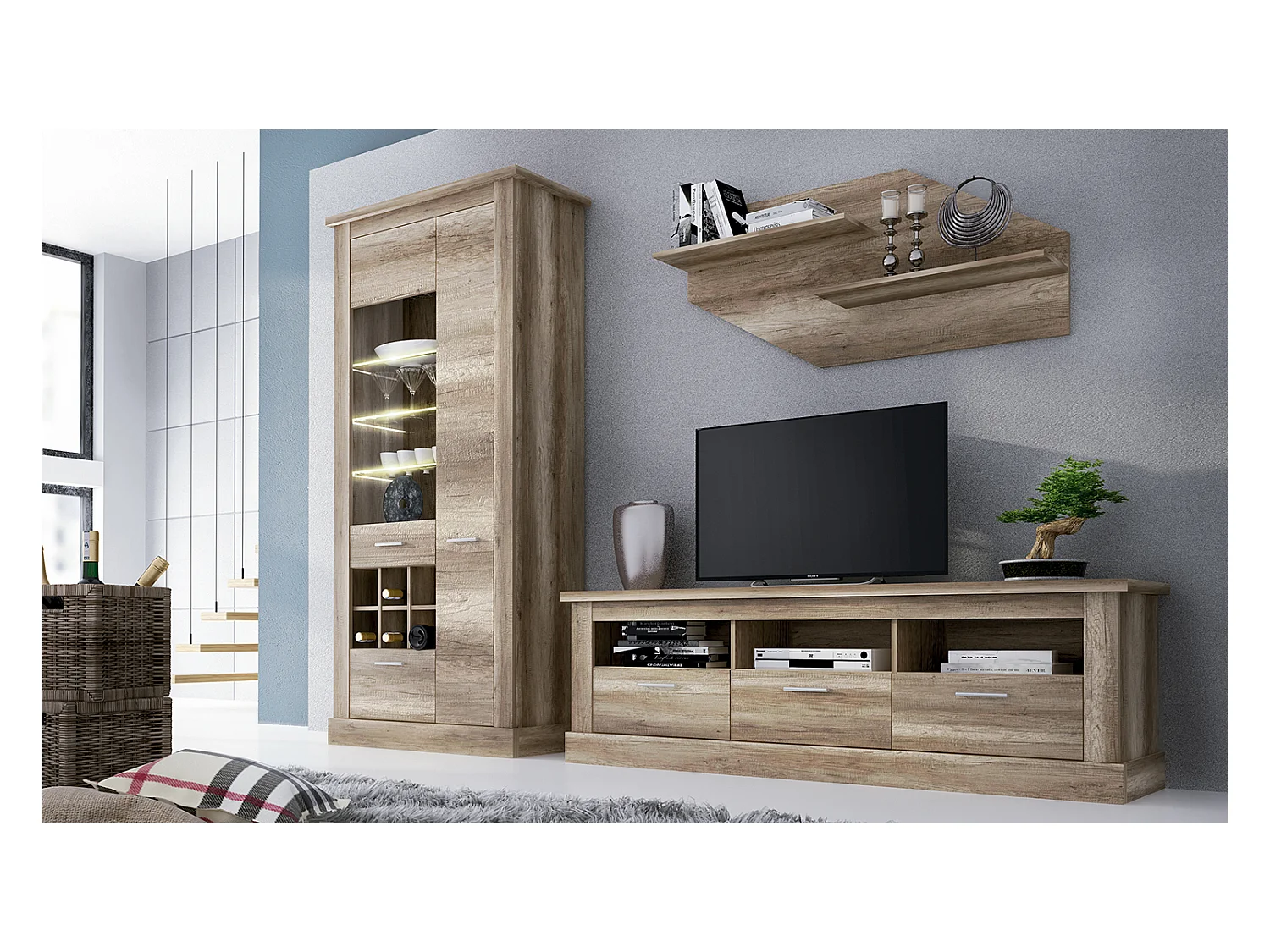 Etagère murale murales coloris chêne vieilli - Longueur 130 x profondeur 23 x hauteur 58 cm