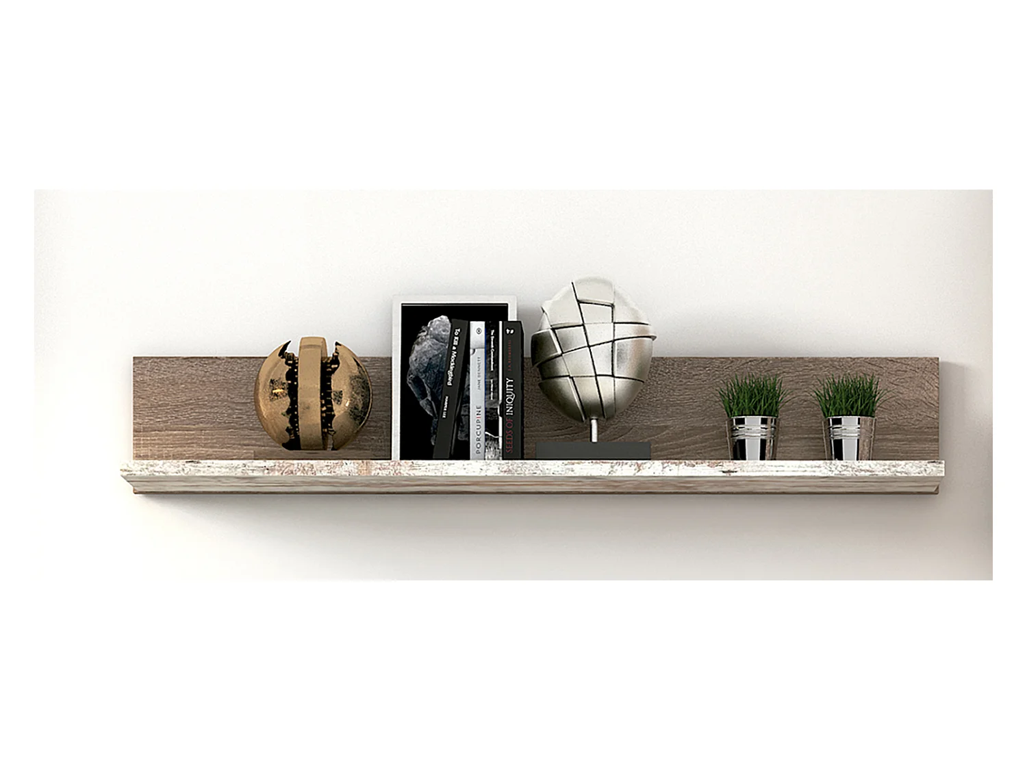 Etagère murale coloris Chêne truffé, blanc vieilli - Longueur 118,40 x profondeur 21,50 x hauteur 20 cm