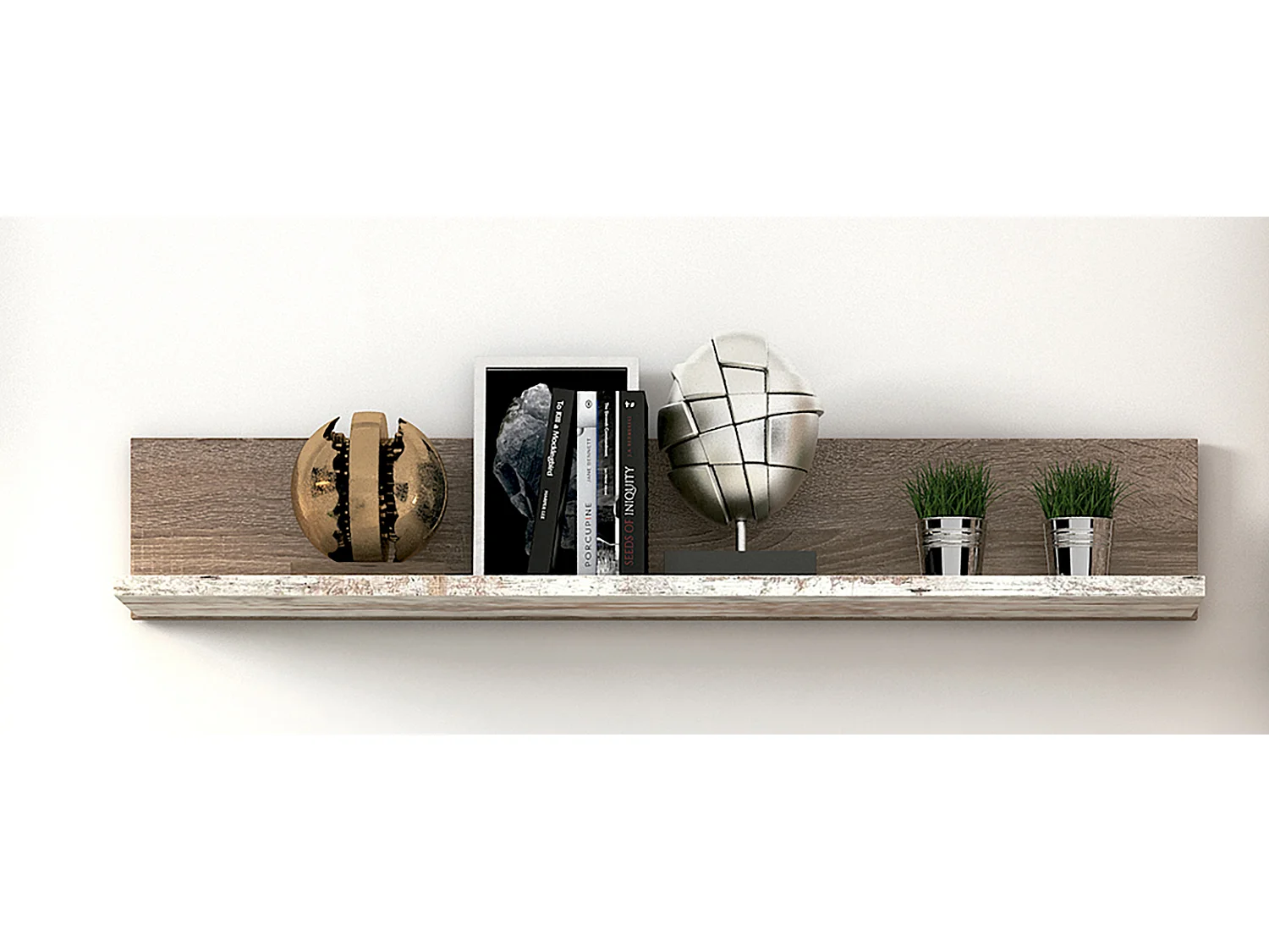 Etagère murale coloris Chêne truffé, blanc vieilli - Longueur 118,40 x profondeur 21,50 x hauteur 20 cm