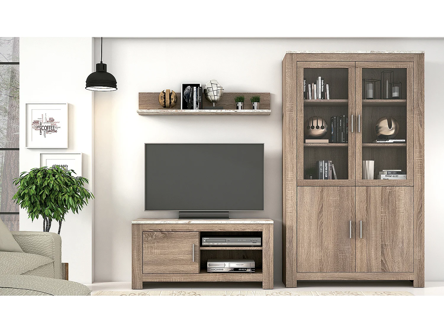 Etagère murale coloris Chêne truffé, blanc vieilli - Longueur 118,40 x profondeur 21,50 x hauteur 20 cm