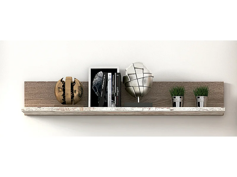 Etagère murale coloris Chêne truffé, blanc vieilli - Longueur 118,40 x profondeur 21,50 x hauteur 20 cm