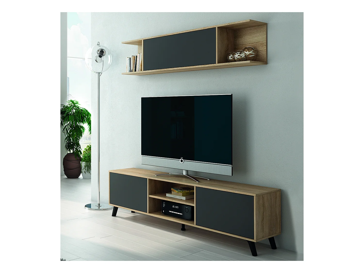 Etagère murale coloris chêne cambrian, graphite- Longueur 160 x Profondeur 27.8 x Hauteur 35.2 cm