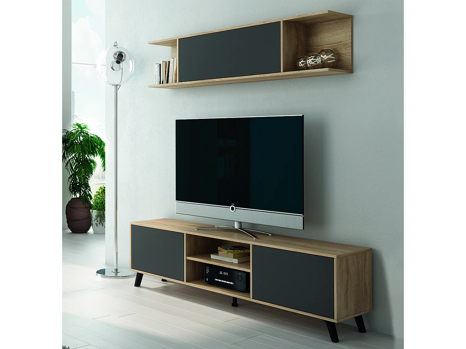 Etagère murale coloris chêne cambrian, graphite- Longueur 160 x Profondeur 27.8 x Hauteur 35.2 cm