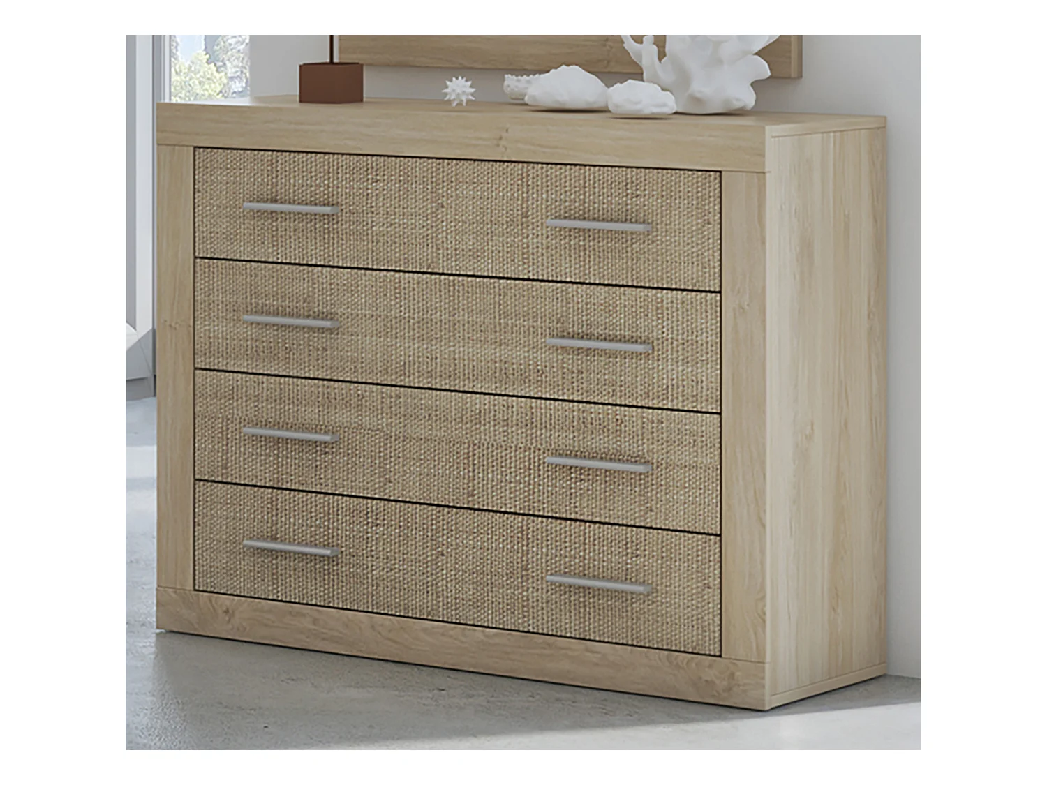 Buffet commode, meuble de rangement coloris chêne cambrian, effet textile - Longueur 98 x Profondeur 39,6 x Hauteur 81,5 cm