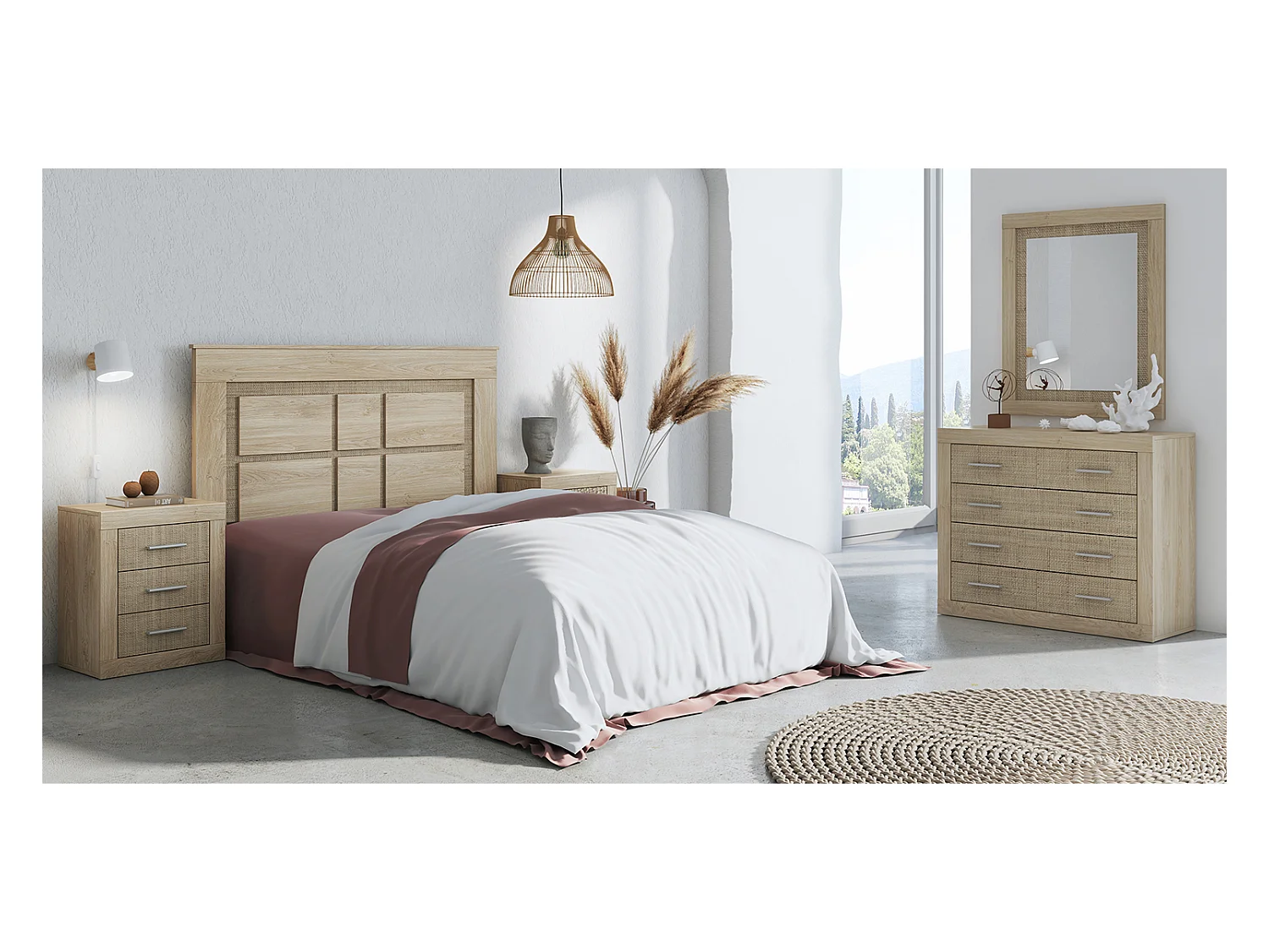 Buffet commode, meuble de rangement coloris chêne cambrian, effet textile - Longueur 98 x Profondeur 39,6 x Hauteur 81,5 cm