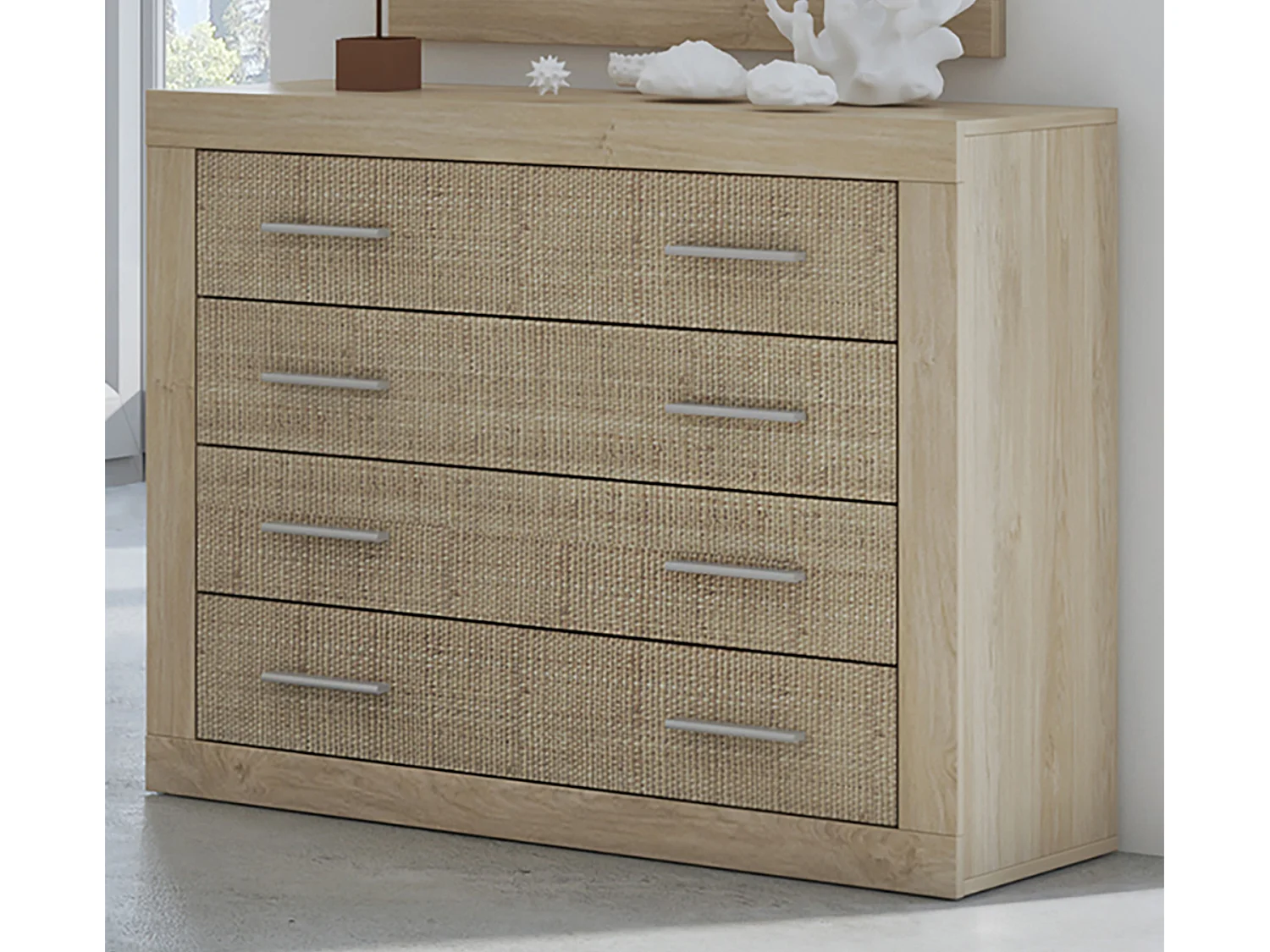 Buffet commode, meuble de rangement coloris chêne cambrian, effet textile - Longueur 98 x Profondeur 39,6 x Hauteur 81,5 cm