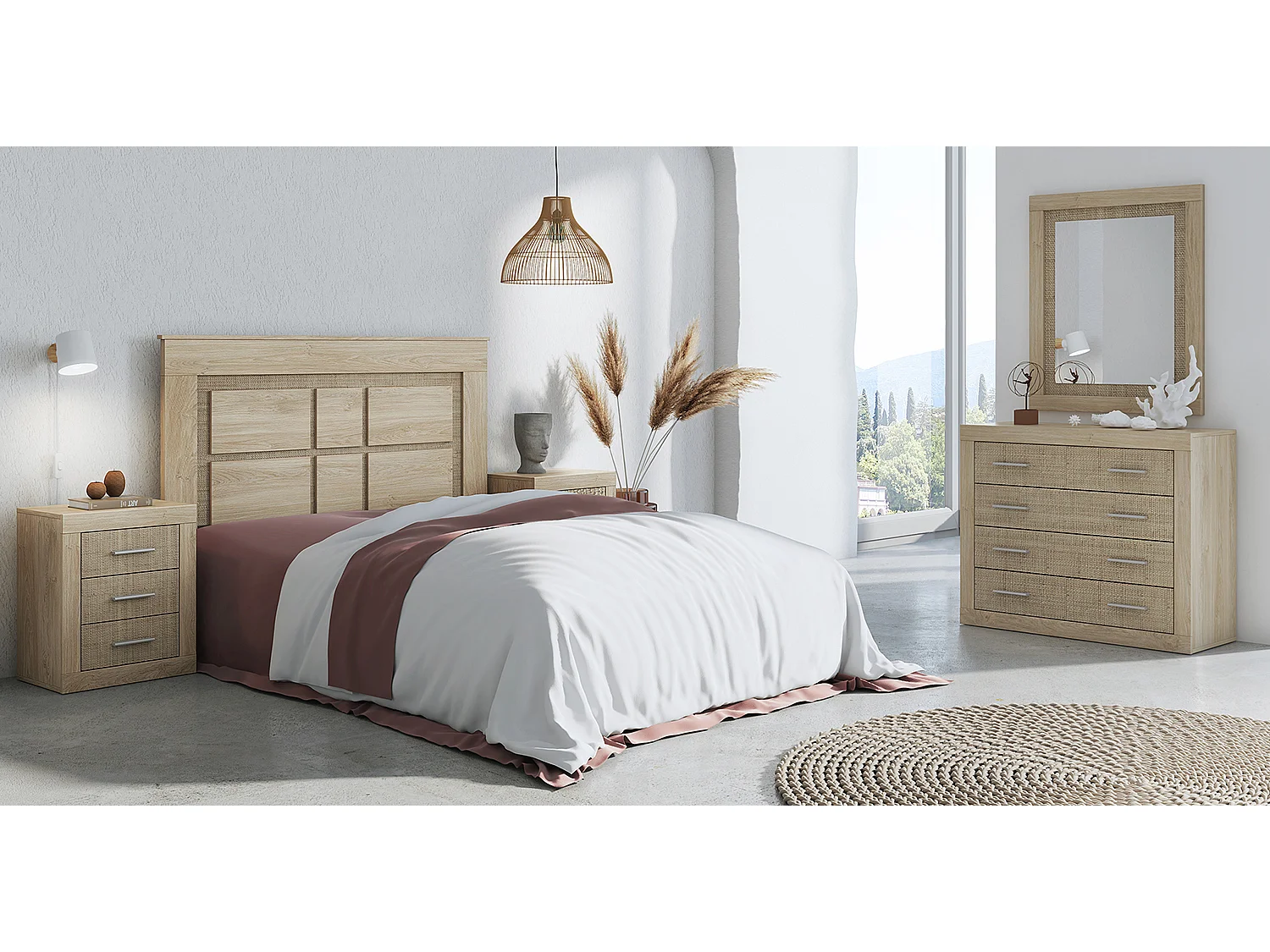 Buffet commode, meuble de rangement coloris chêne cambrian, effet textile - Longueur 98 x Profondeur 39,6 x Hauteur 81,5 cm