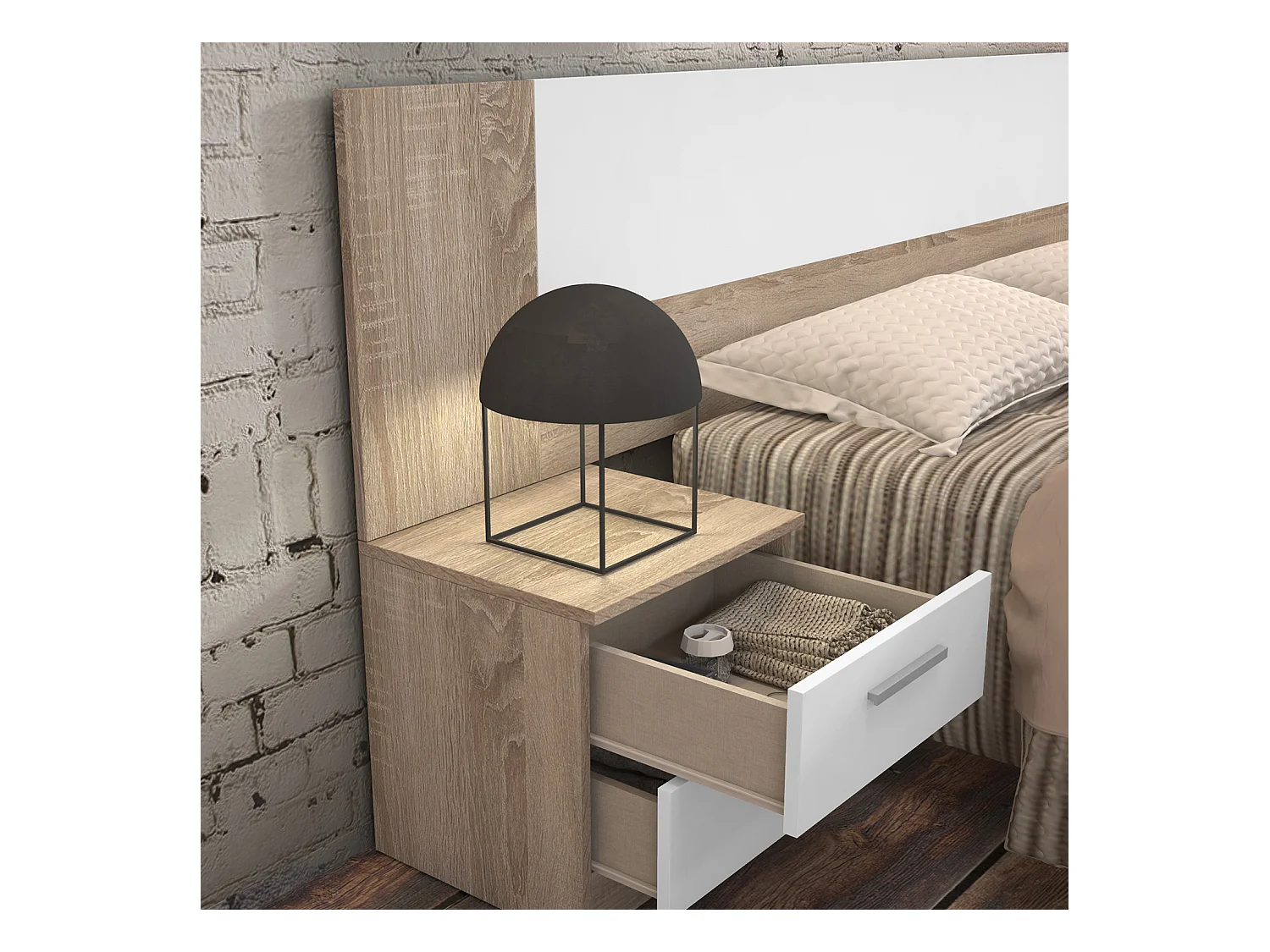 Table de chevet, table de nuit coloris chêne cambrian, blanc - Longueur 40 x profondeur 35 x hauteur 40 cm