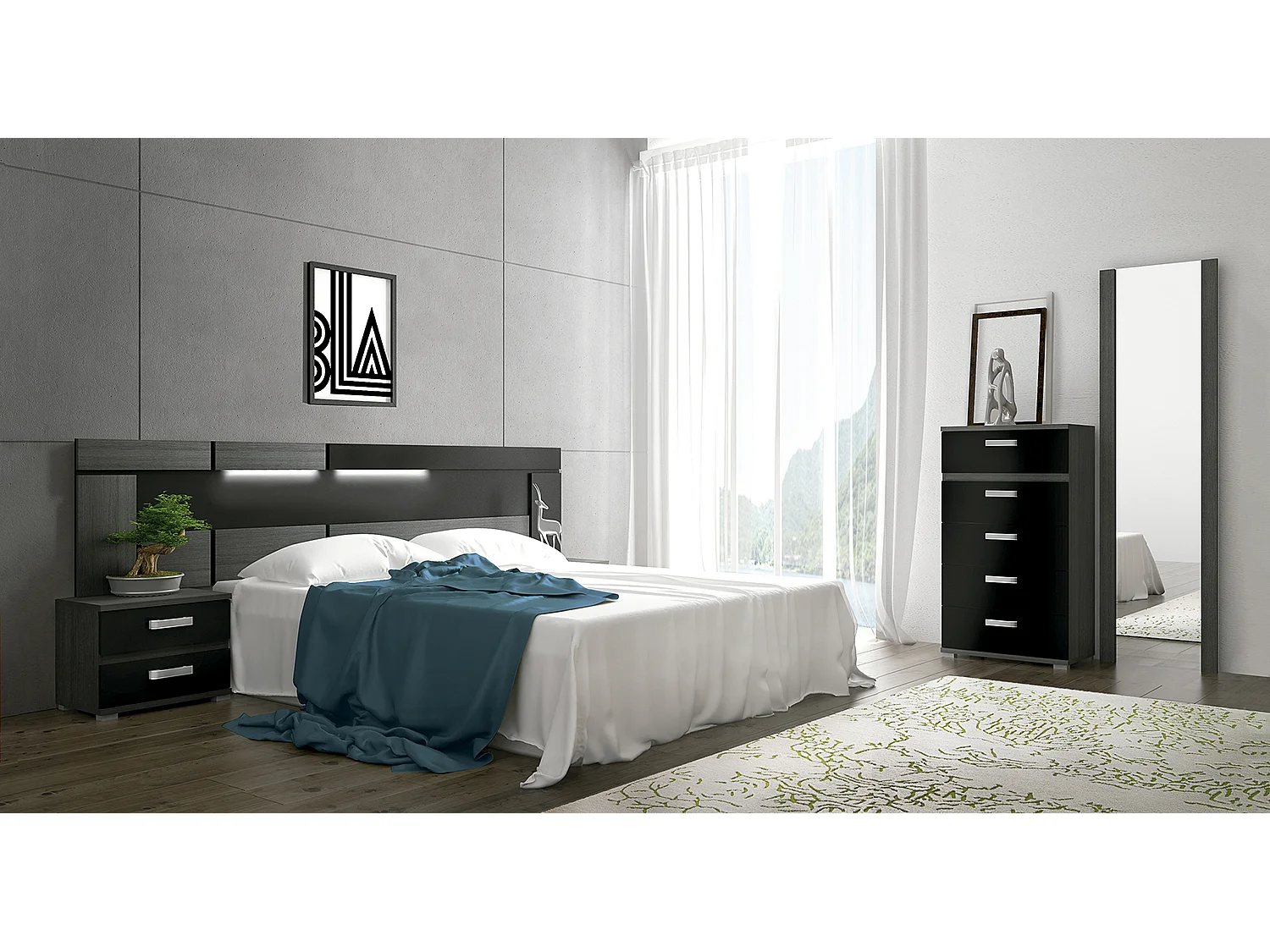 Table de chevet, table de nuit coloris chêne Cendré, Noir - Longueur 60 x Profondeur 39.6 x Hauteur 50 cm