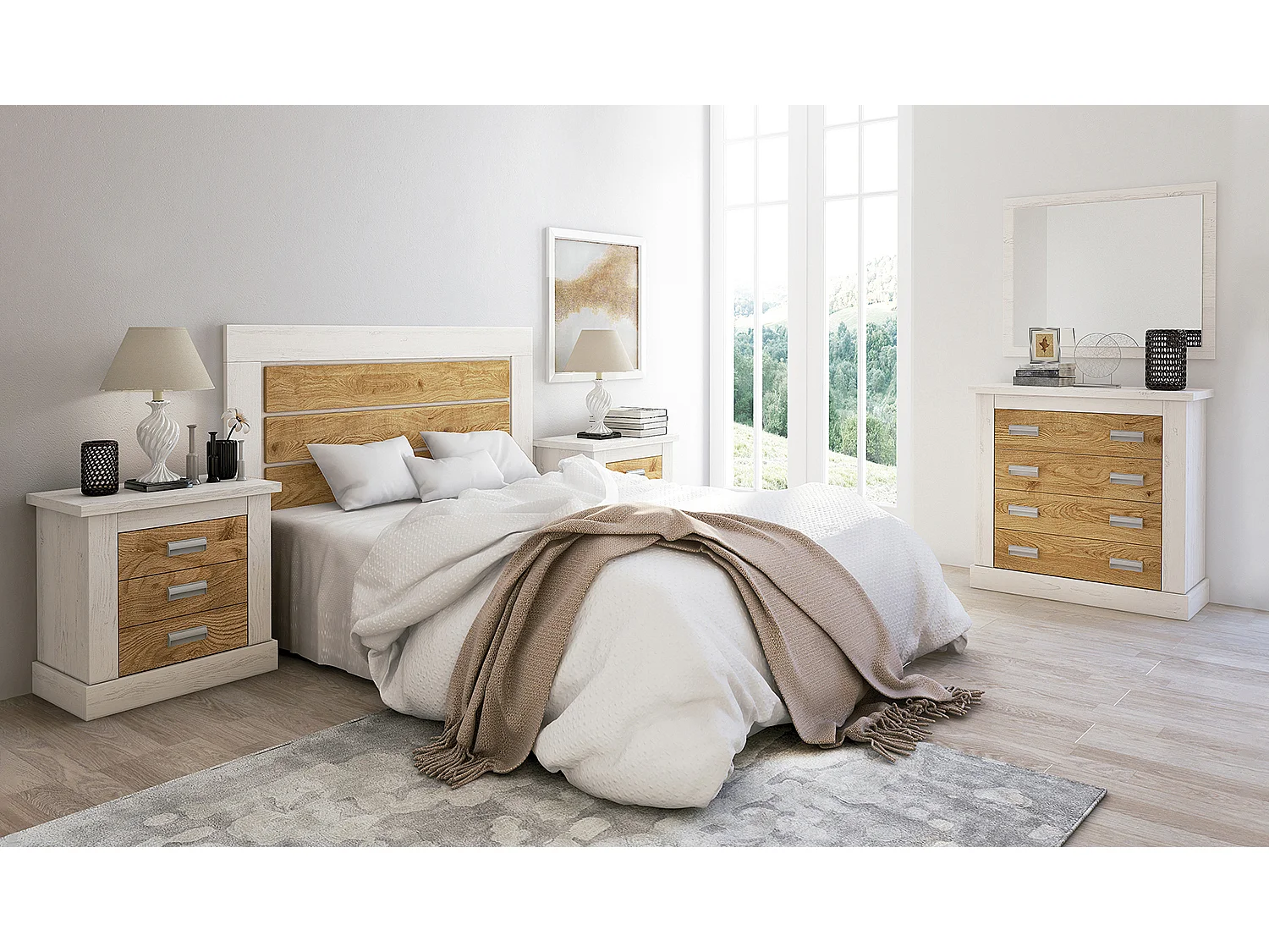 Table de chevet, table de nuit avec 3 tiroirs coloris chêne, pin andersen - Longueur 66 x Profondeur 39,60 x Hauteur 63,8 cm