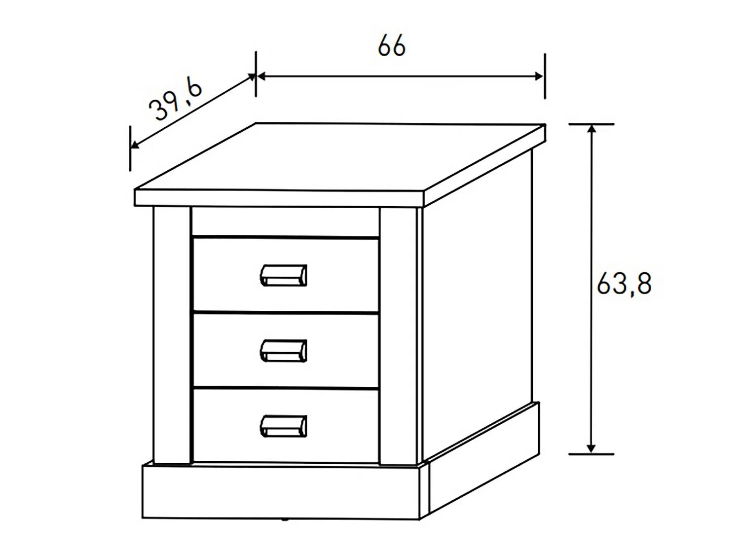 Table de chevet, table de nuit avec 3 tiroirs coloris chêne, pin andersen - Longueur 66 x Profondeur 39,60 x Hauteur 63,8 cm