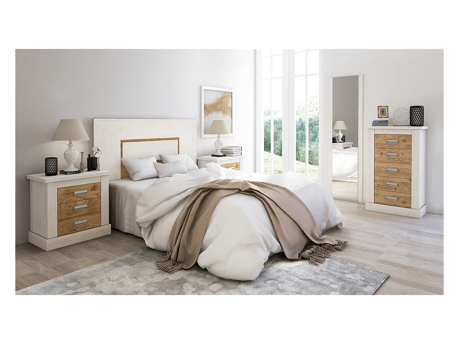 Table de chevet, table de nuit avec 3 tiroirs coloris chêne, pin andersen - Longueur 66 x Profondeur 39,60 x Hauteur 63,8 cm