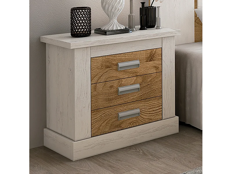 Table de chevet, table de nuit avec 3 tiroirs coloris chêne, pin andersen - Longueur 66 x Profondeur 39,60 x Hauteur 63,8 cm