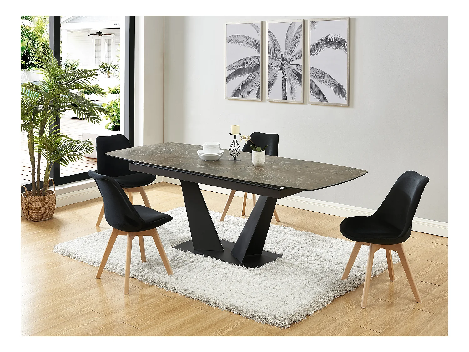 Lot de 6 chaises en velours et hêtre - Noir - JODY