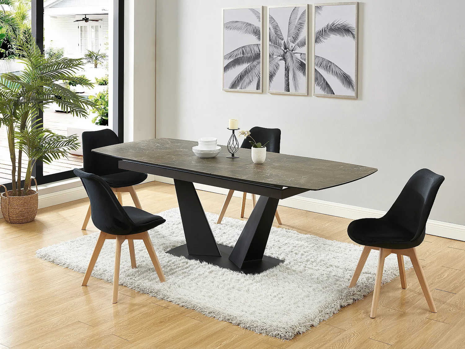 Lot de 6 chaises en velours et hêtre - Noir - JODY