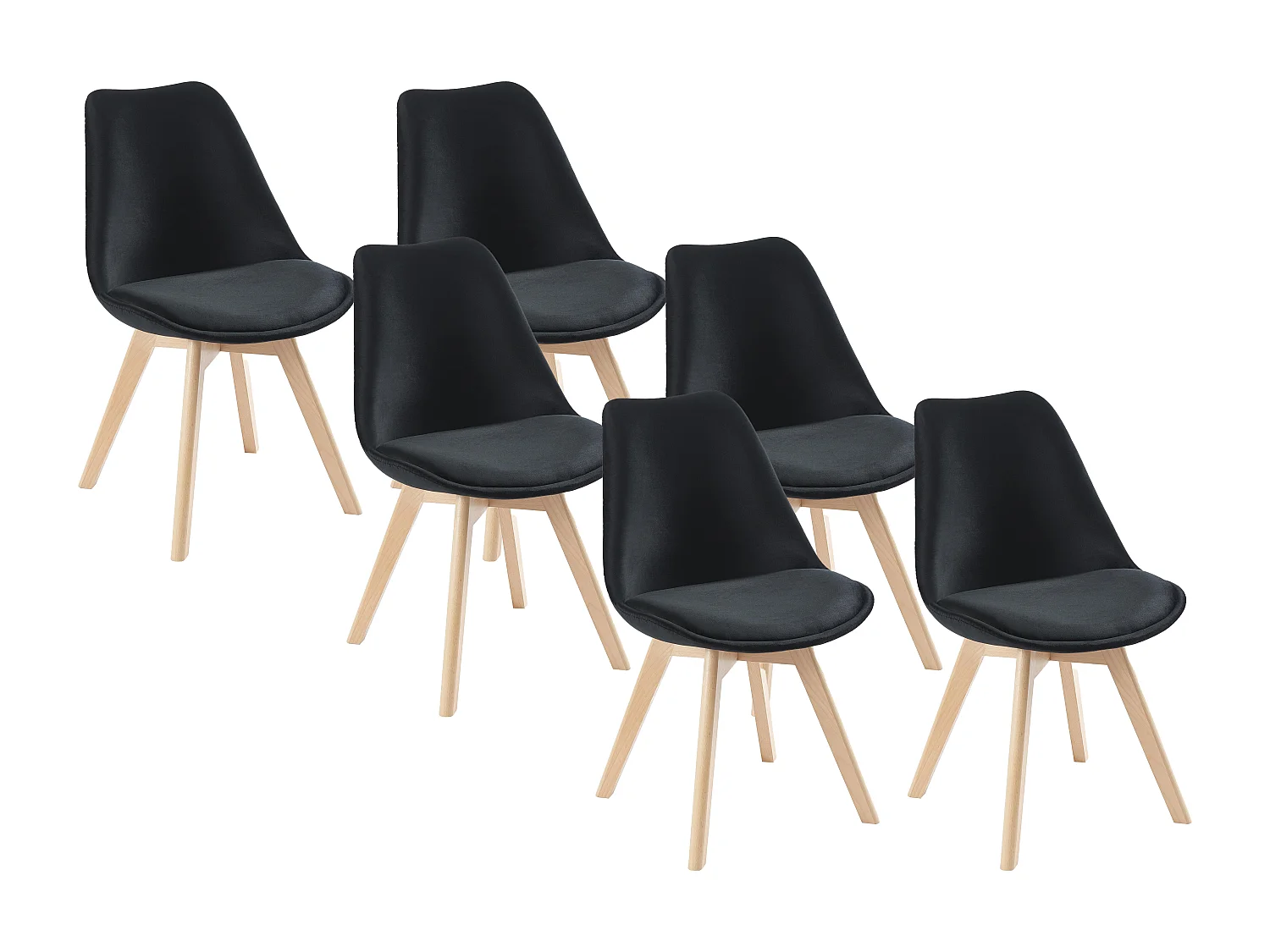 Lot de 6 chaises en velours et hêtre - Noir - JODY