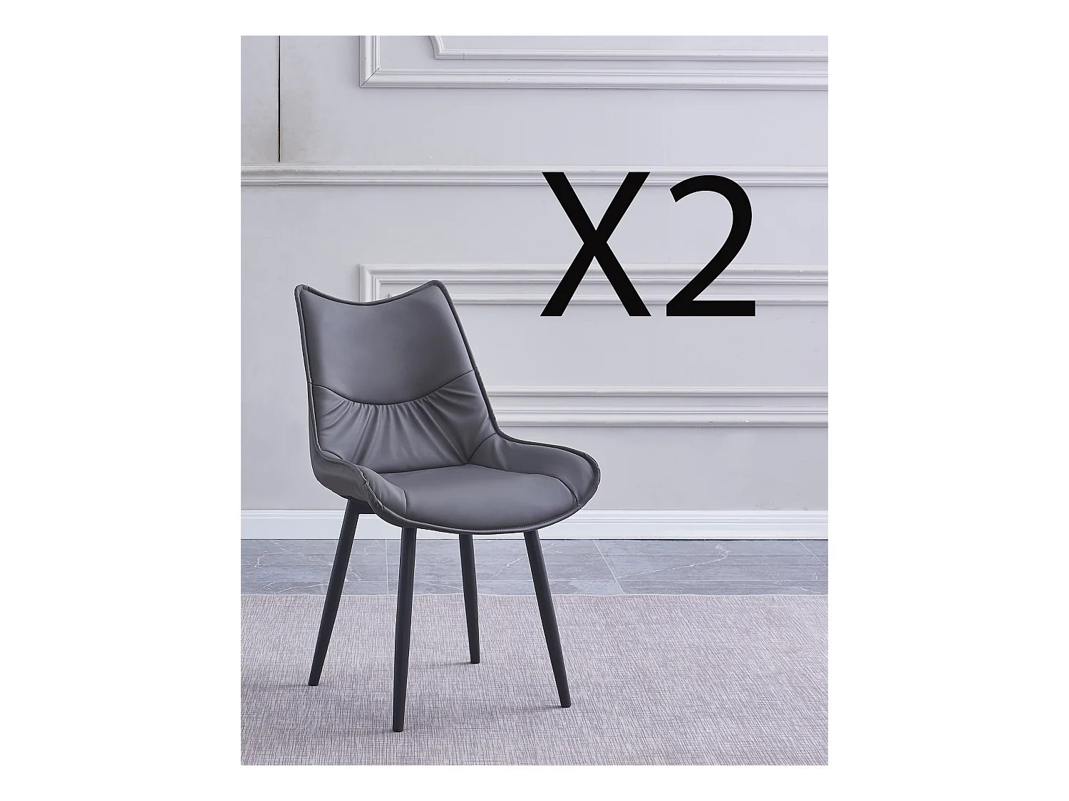 Lot de 2 chaises de salle à manger en PU coloris gris avec pieds en métal noir - Longueur 55 x profondeur 61 x hauteur 95 cm