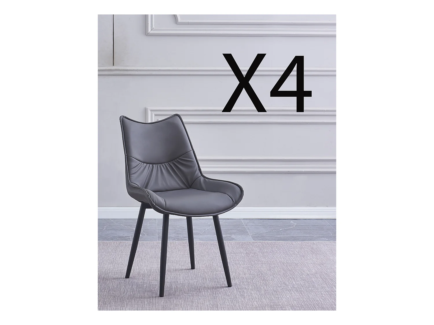 Lot de 4 chaises de salle à manger en PU coloris gris avec pieds en métal noir  -  Longueur 55 x profondeur 61 x hauteur 95 cm