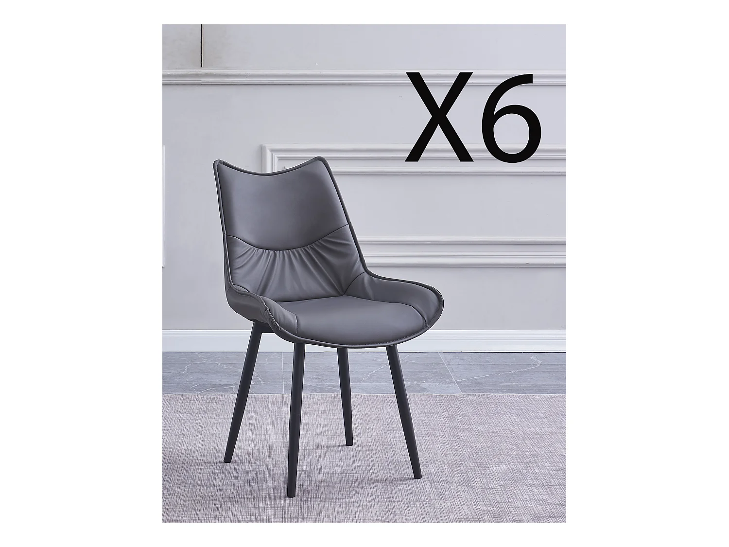 Lot de 6 chaises de salle à manger en PU coloris gris avec pieds en métal noir  -  Longueur 55 x profondeur 61 x hauteur 95 cm