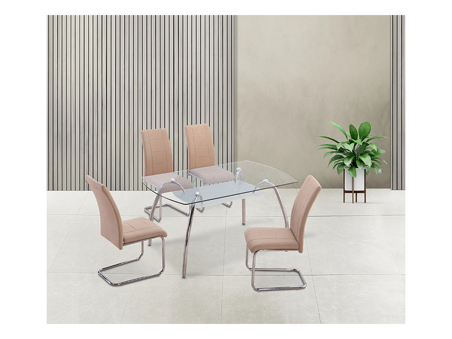 Lot de 4 chaises de salle à manger en tissu jarama coloris beige avec pieds coloris chromé - Longueur 44 x profondeur 61 x hauteur 100 cm