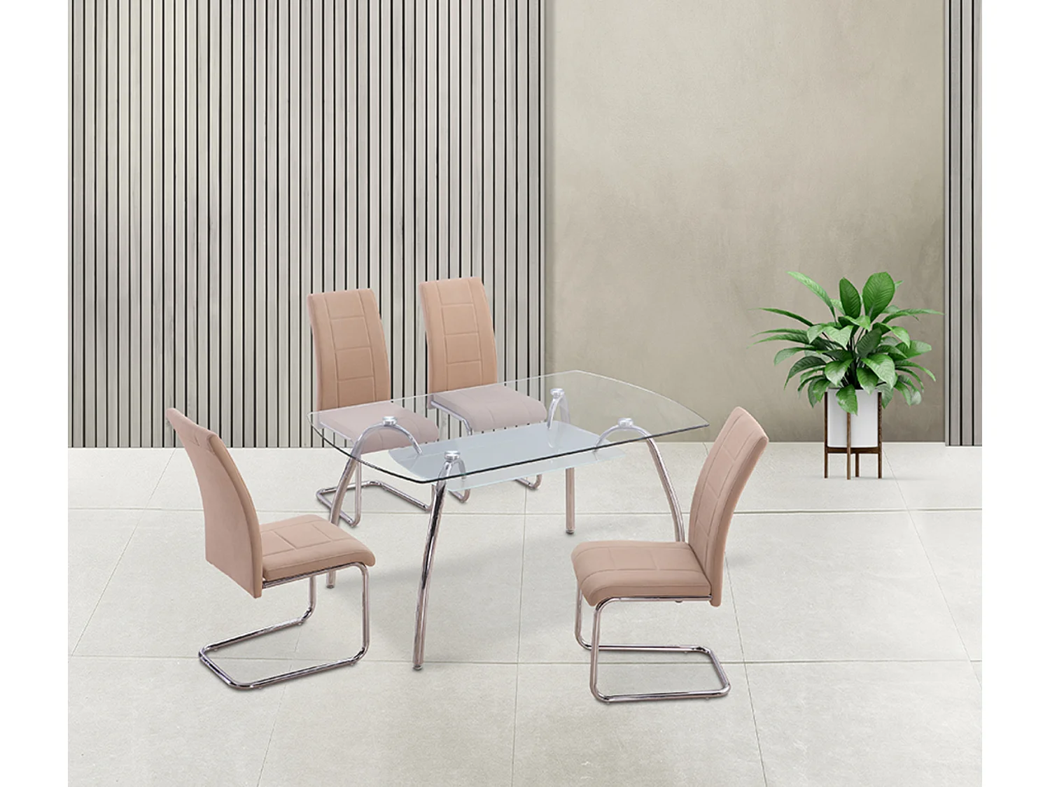 Lot de 4 chaises de salle à manger en tissu jarama coloris beige avec pieds coloris chromé - Longueur 44 x profondeur 61 x hauteur 100 cm