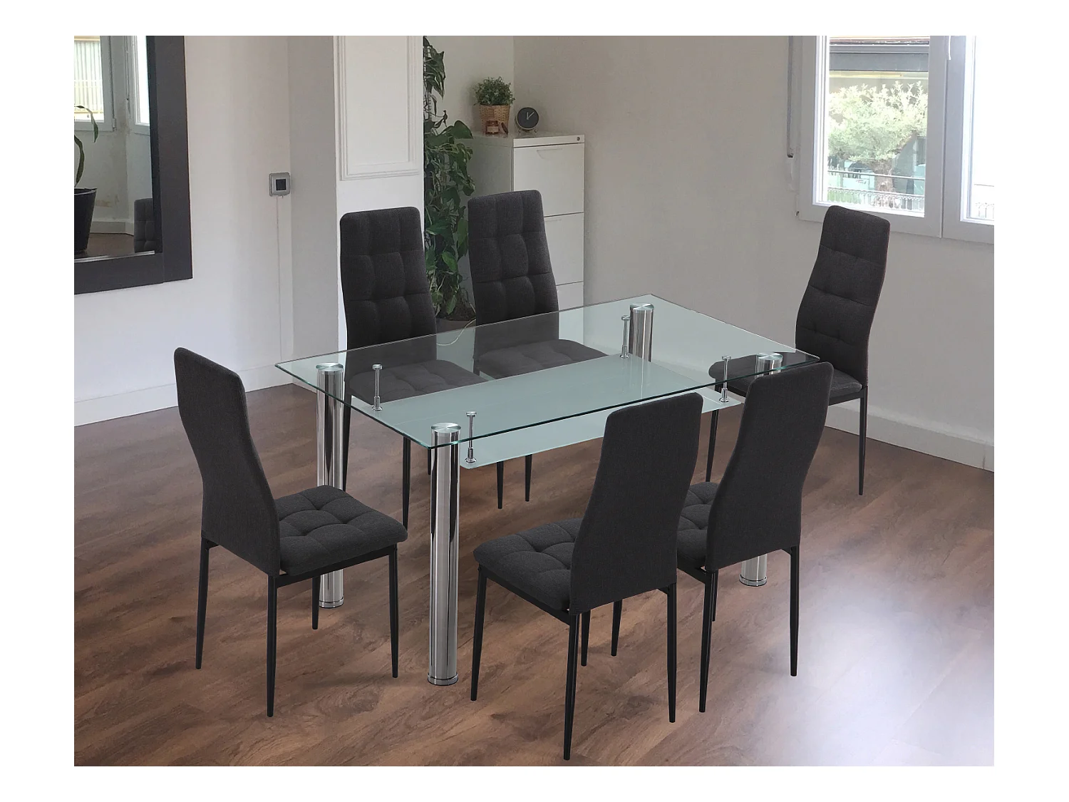 Lot de 6 chaises de salle à manger en tissu coloris gris avec pieds coloris chromé - Longueur 41 x profondeur 48 x hauteur 96 cm