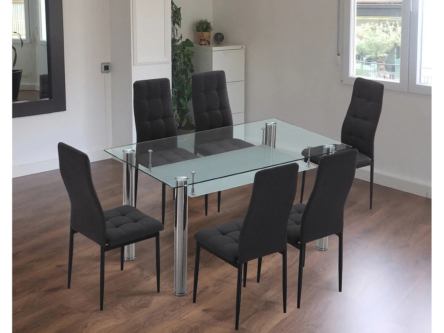 Lot de 6 chaises de salle à manger en tissu coloris gris avec pieds coloris chromé - Longueur 41 x profondeur 48 x hauteur 96 cm