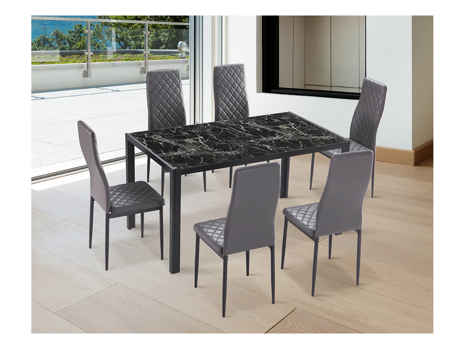 Lot de 6 chaises de salle à manger en PU coloris gris avec pieds chromés - Longueur 41 x profondeur 51 x hauteur 98 cm