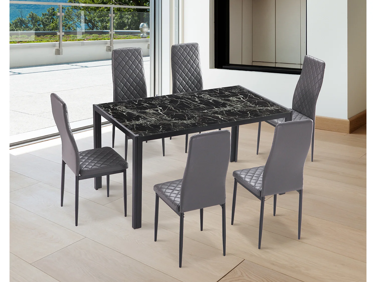 Lot de 6 chaises de salle à manger en PU coloris gris avec pieds chromés - Longueur 41 x profondeur 51 x hauteur 98 cm